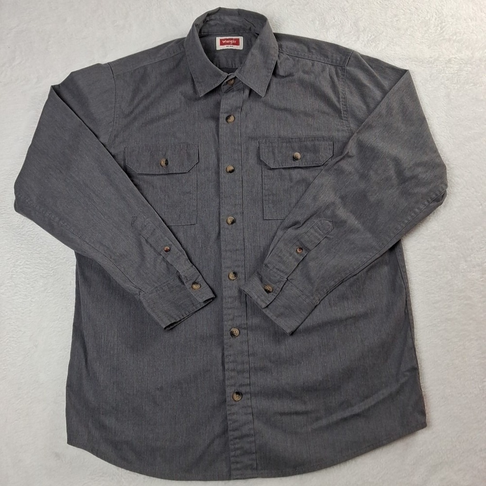 Wrangler Shirt Mens‎ Medium Gray Work Chore Pockets Long Sleeve Button Up